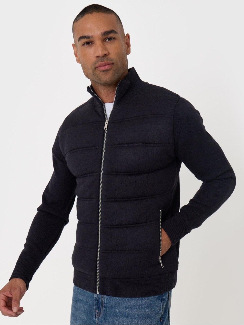 Threadbare Men's Navy Zip-Up Quilted Knit Marsden Sweater